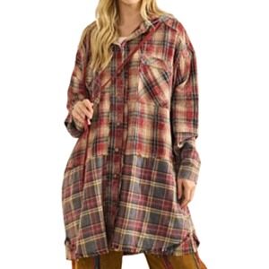 Oli & Hali Flannel Hooded Shirt Shacket Size S Grunge Plaid Fringe Distressed